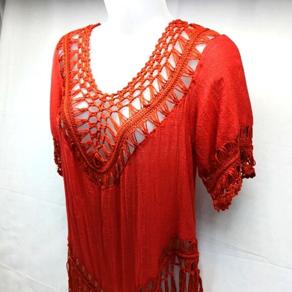 Vivid Gausy Macreme Tunic/ Beach Cover/ Blouse Women's XL. Cotton Blend. Red.... - Picture 5 of 11